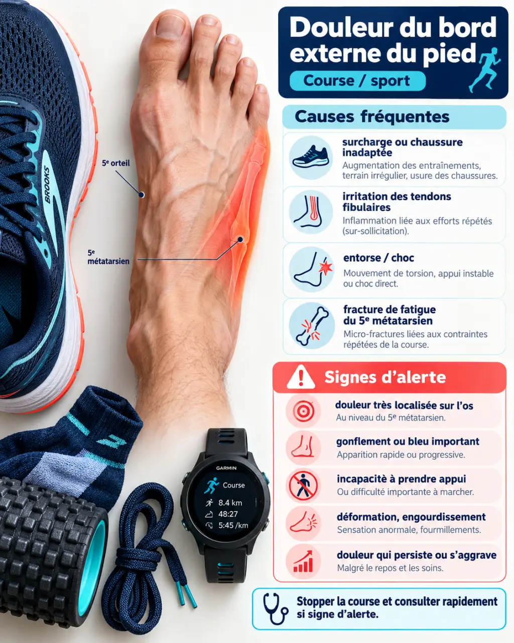 Douleur extérieure du pied : bord externe, cause probable et signes qui doivent alerter