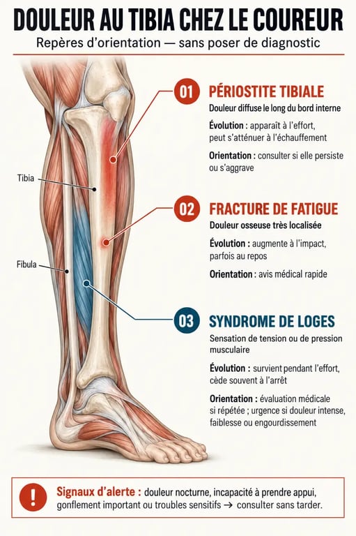 Infographie sur la douleur au tibia : différences entre périostite tibiale, fracture de fatigue et syndrome de loges