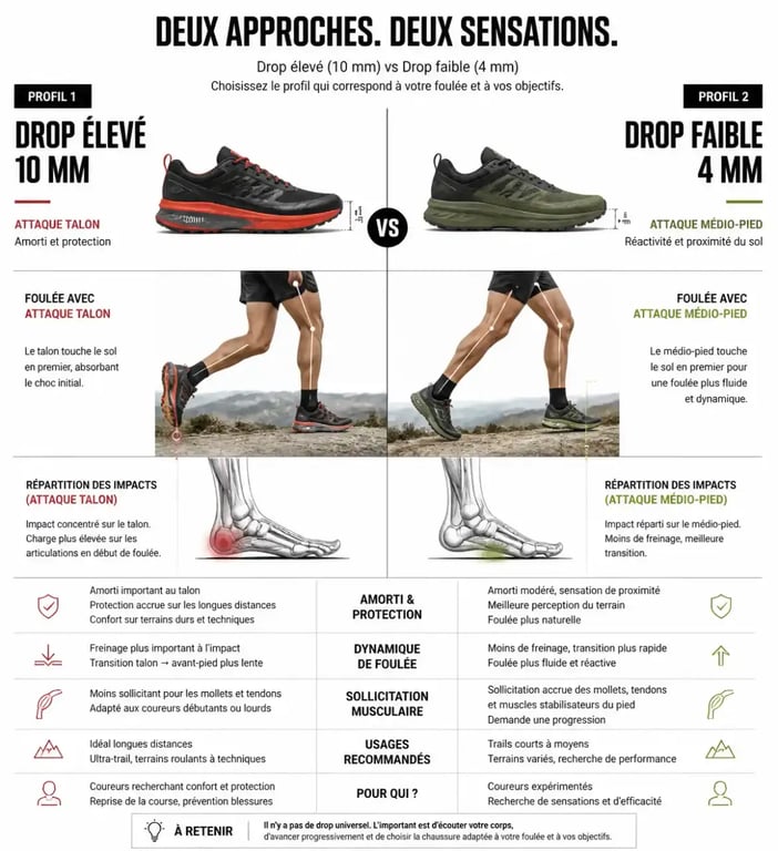 Comparaison visuelle de l'impact du drop d'une chaussure de trail sur la foulée