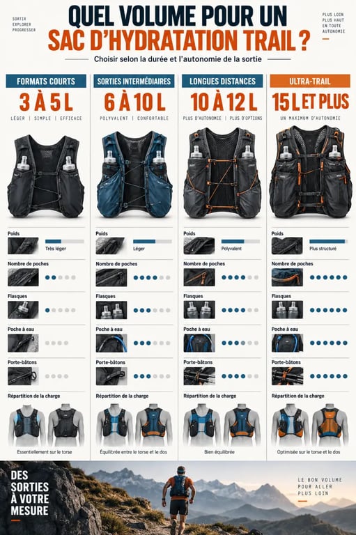Infographie pour choisir le meilleur sac hydratation trail selon le volume, le poids et la distance