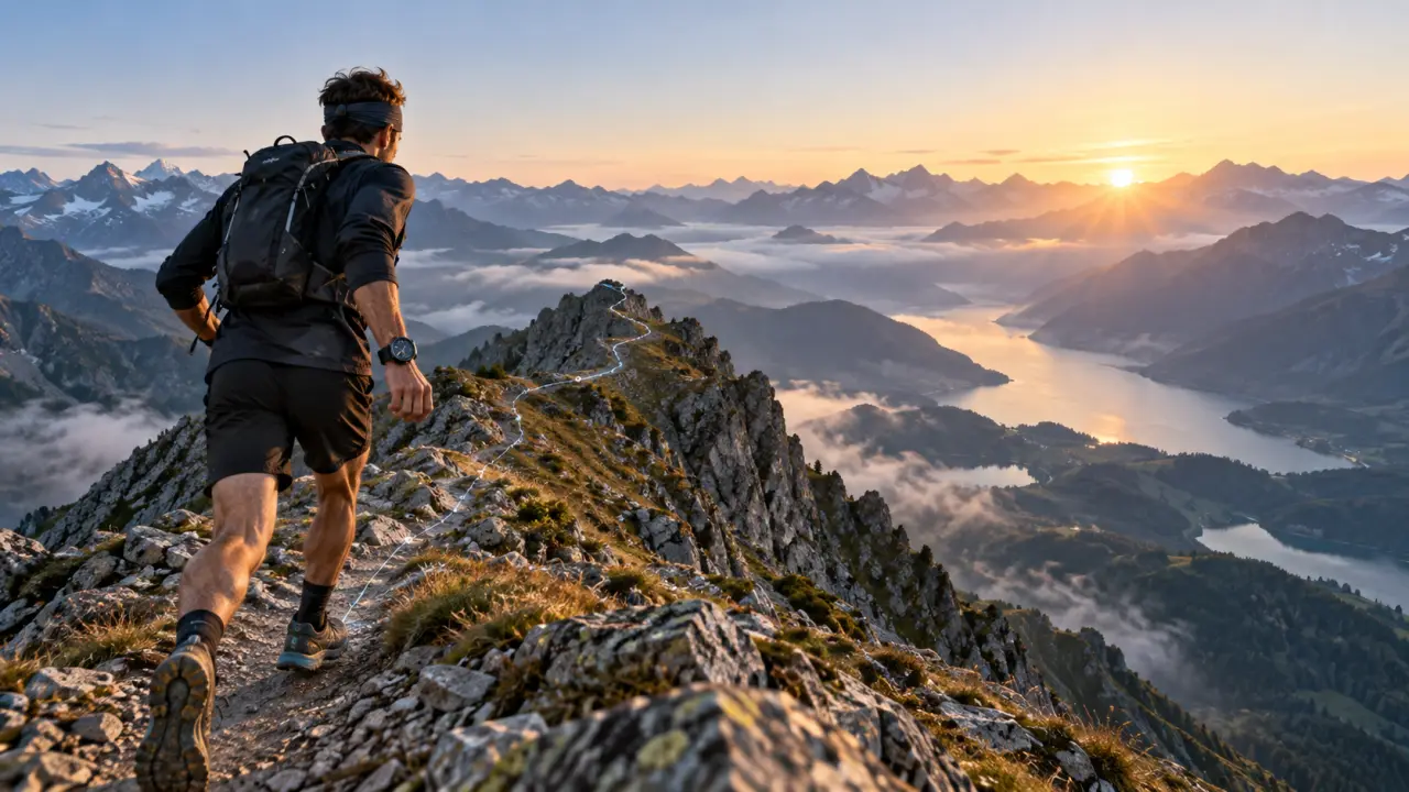 Coureur de trail sur une crête de montagne au lever du soleil avec des données de suivi superposées
