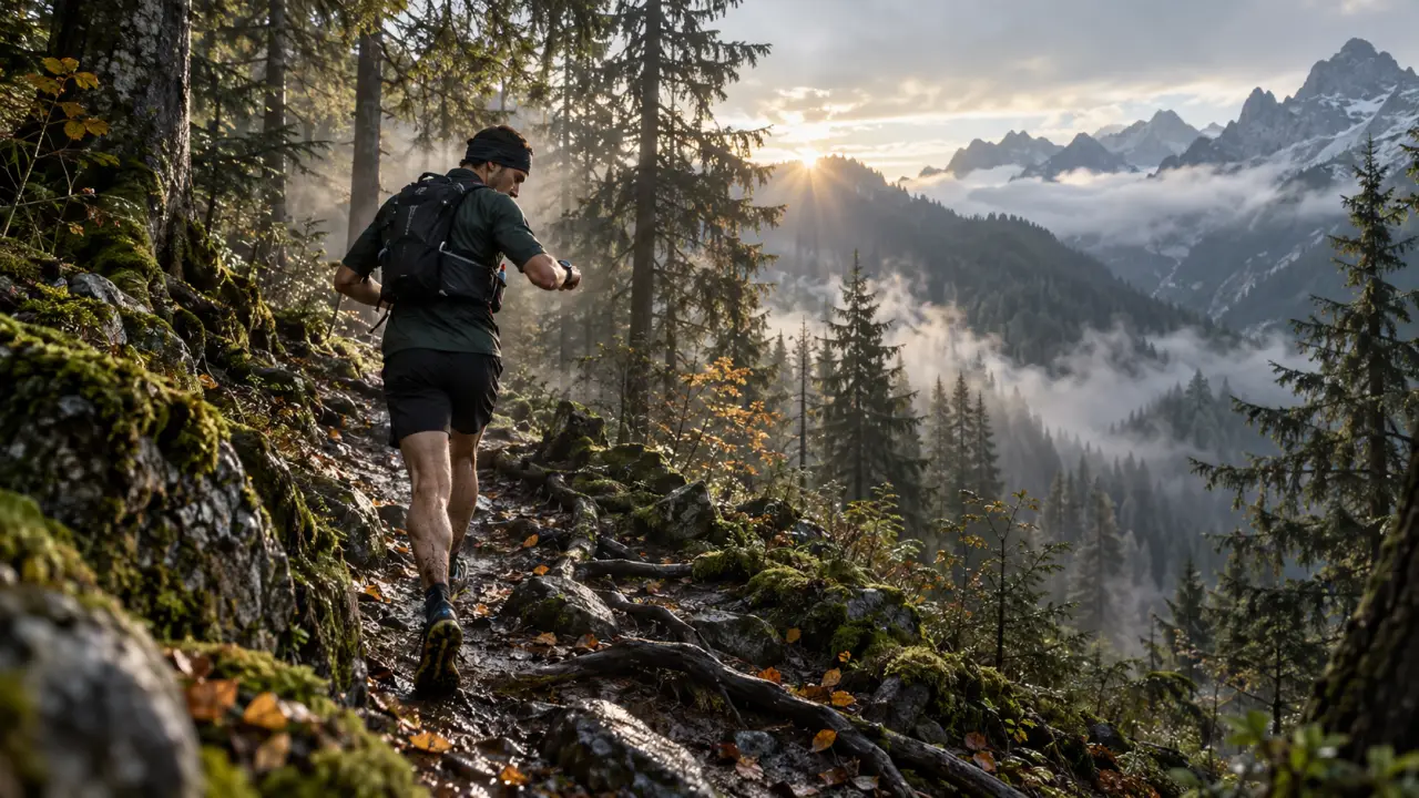 Coureur d'ultra-trail sur un sentier forestier avec suivi GPS