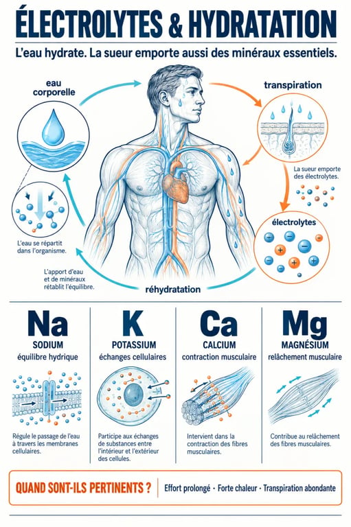 Infographie sur les électrolytes hydratation, le sodium, le potassium, le magnésium et le calcium