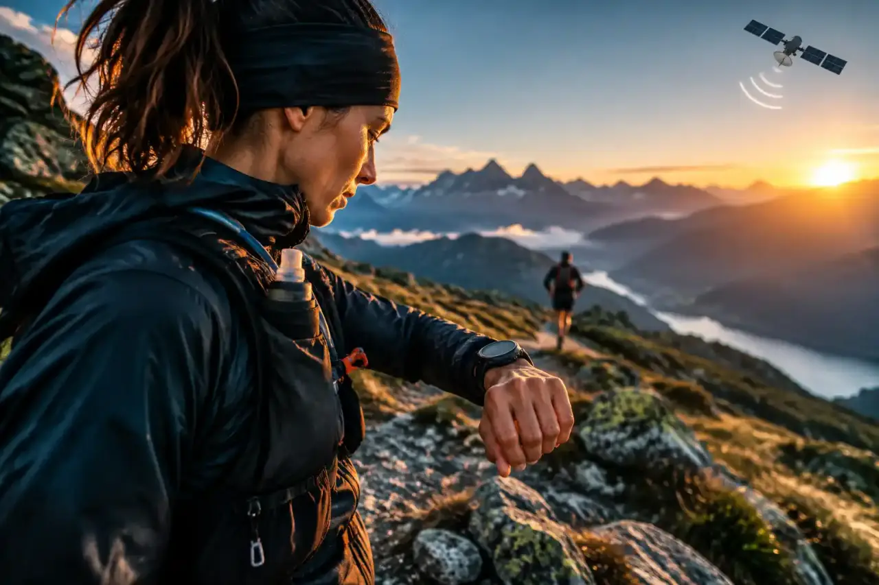 Coureur d'ultra-trail équipé d'un dispositif de sécurité sur un sentier de montagne