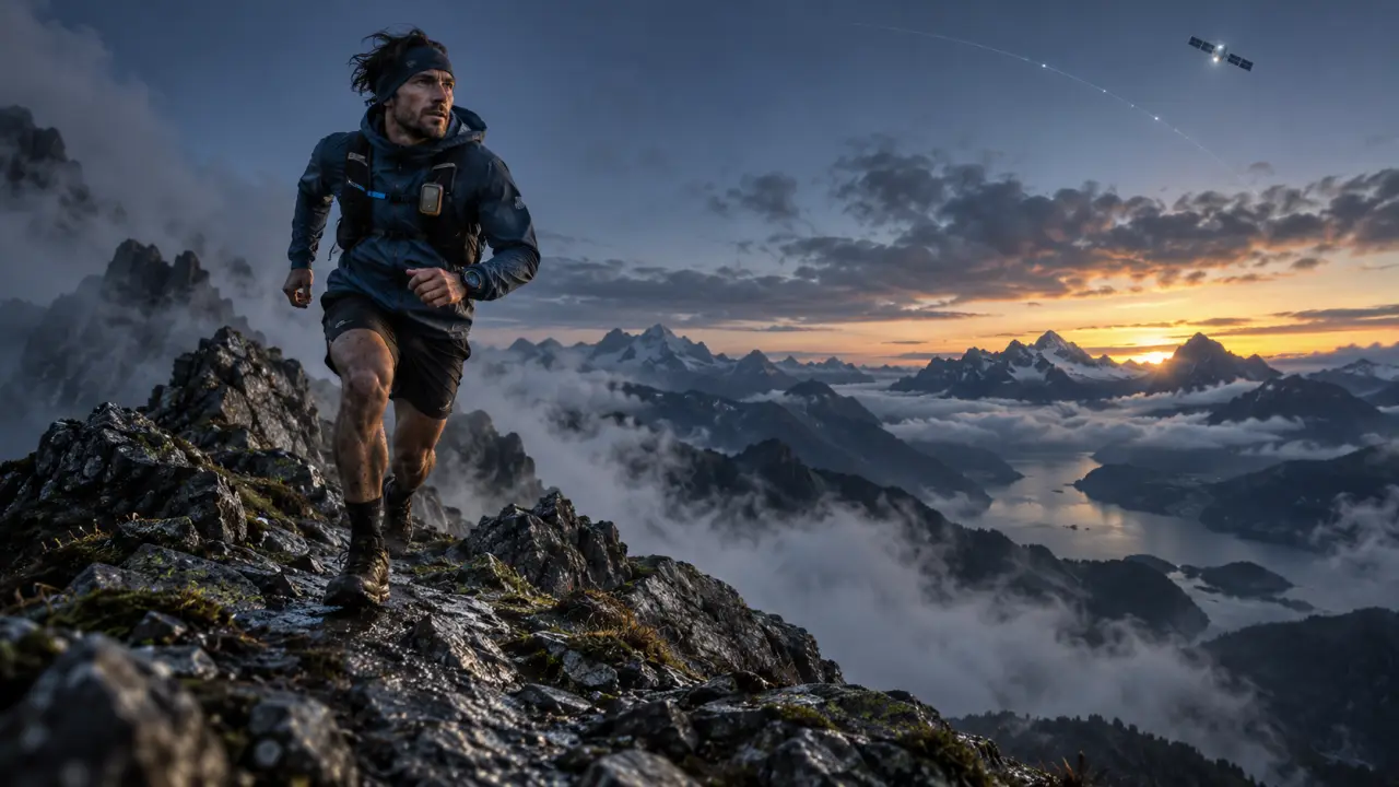 Coureur d'ultra-trail suivi par une technologie de géolocalisation en montagne