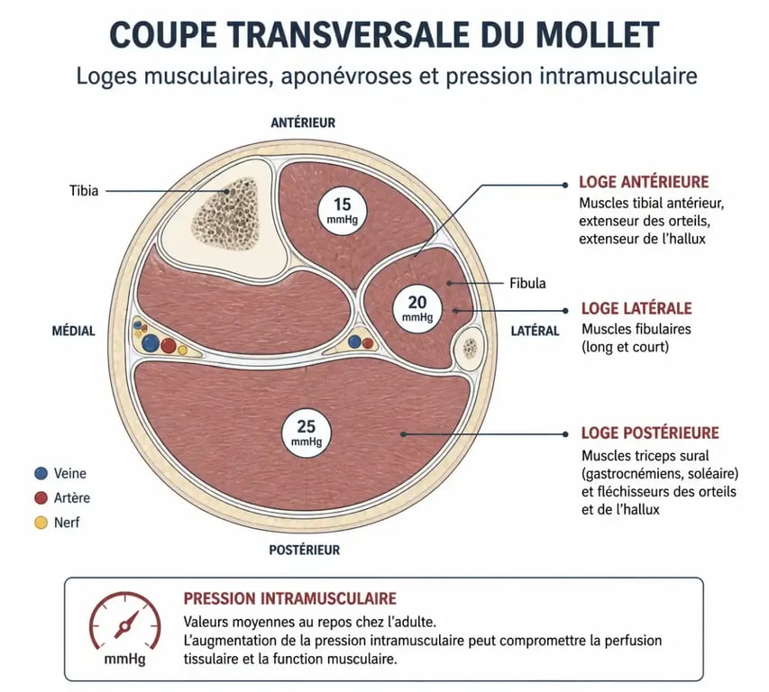Schéma anatomique des loges du mollet illustrant le syndrome des loges