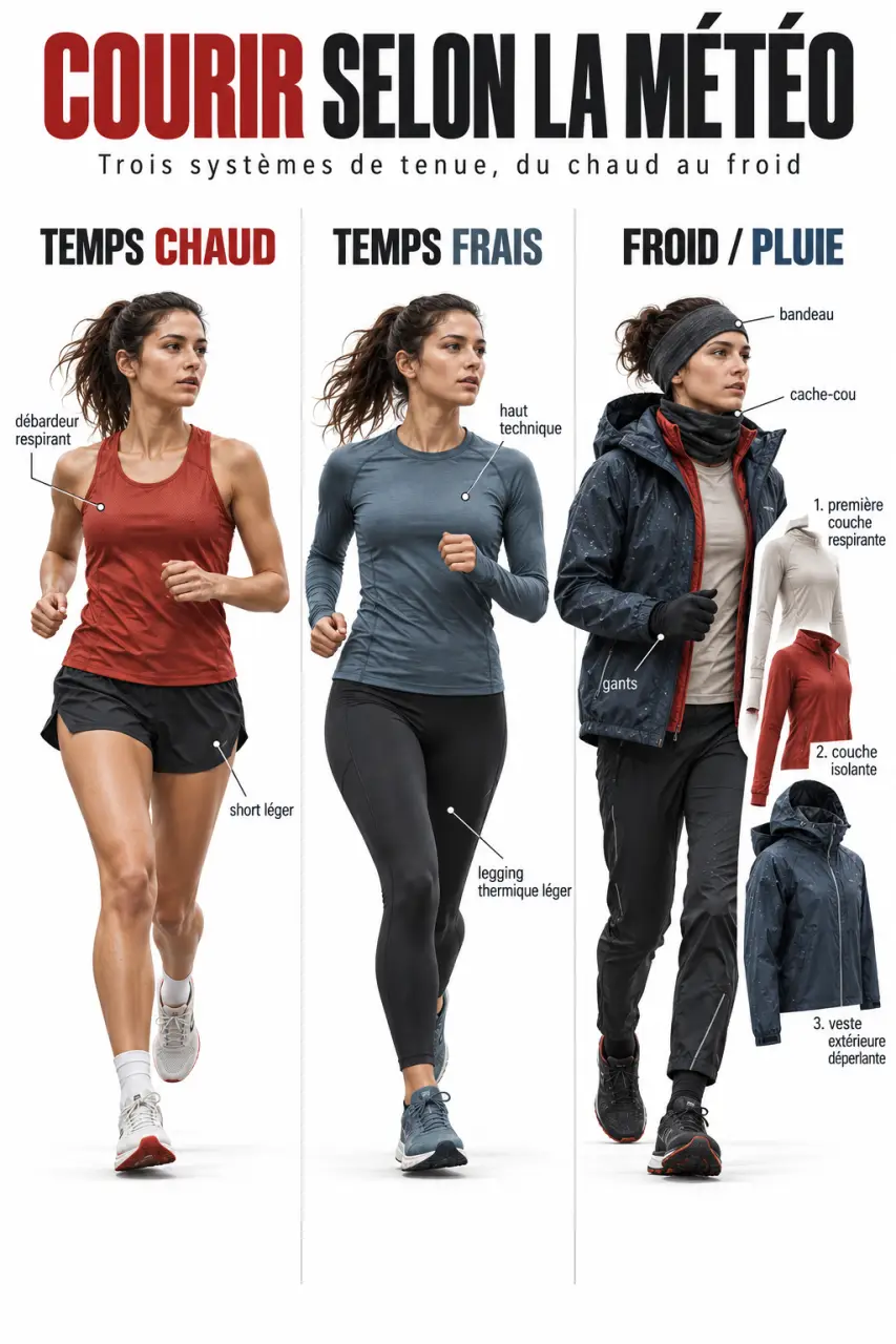 Tenues de running femme adaptées à la chaleur, au froid et à la pluie avec superposition des couches