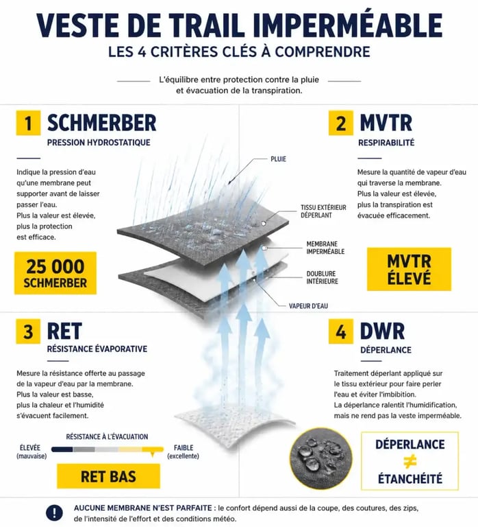 Veste de trail imperméable : comprendre les indices Schmerber, MVTR, RET et DWR