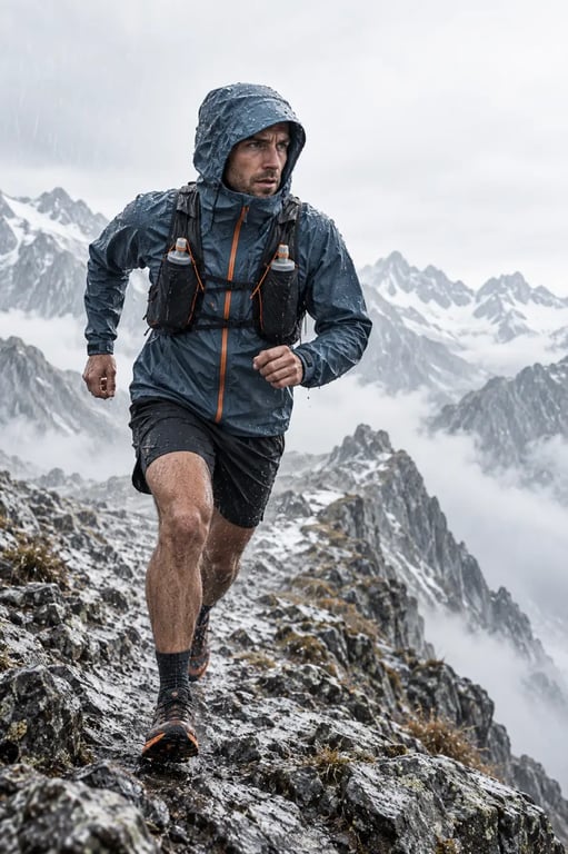 Veste de trail imperméable portée par-dessus un sac sous la pluie en montagne