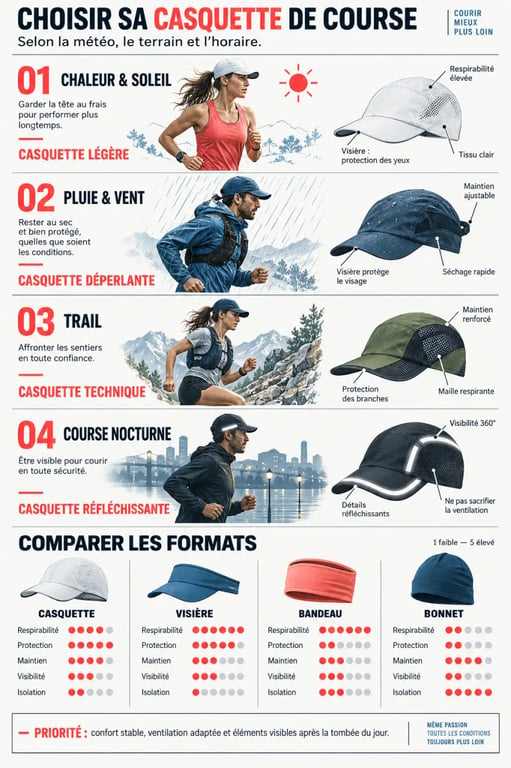 Infographie pour choisir une casquette pour course à pied selon la météo et le terrain