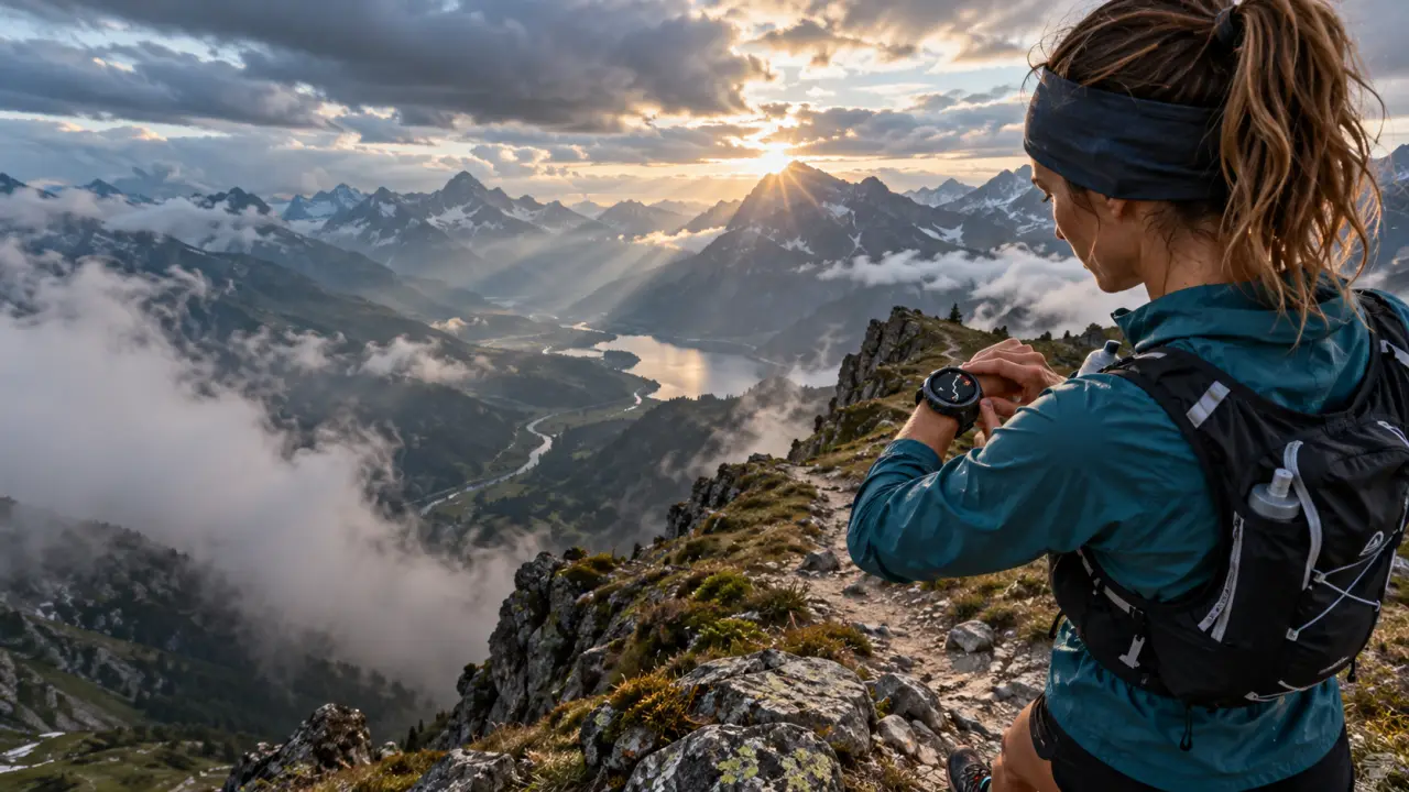 Coureur de trail sur un sentier de montagne avec une montre GPS