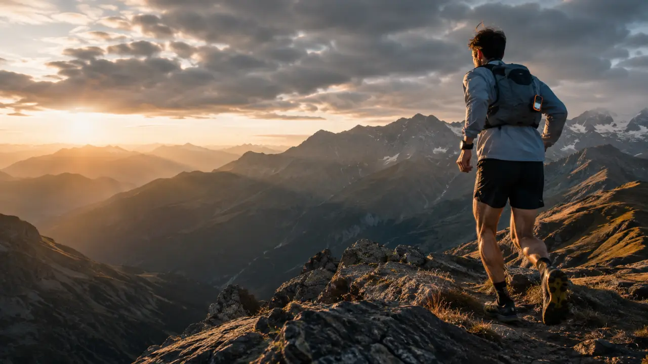 Coureur de trail sur une crête de montagne au lever du soleil avec interface de suivi discrète