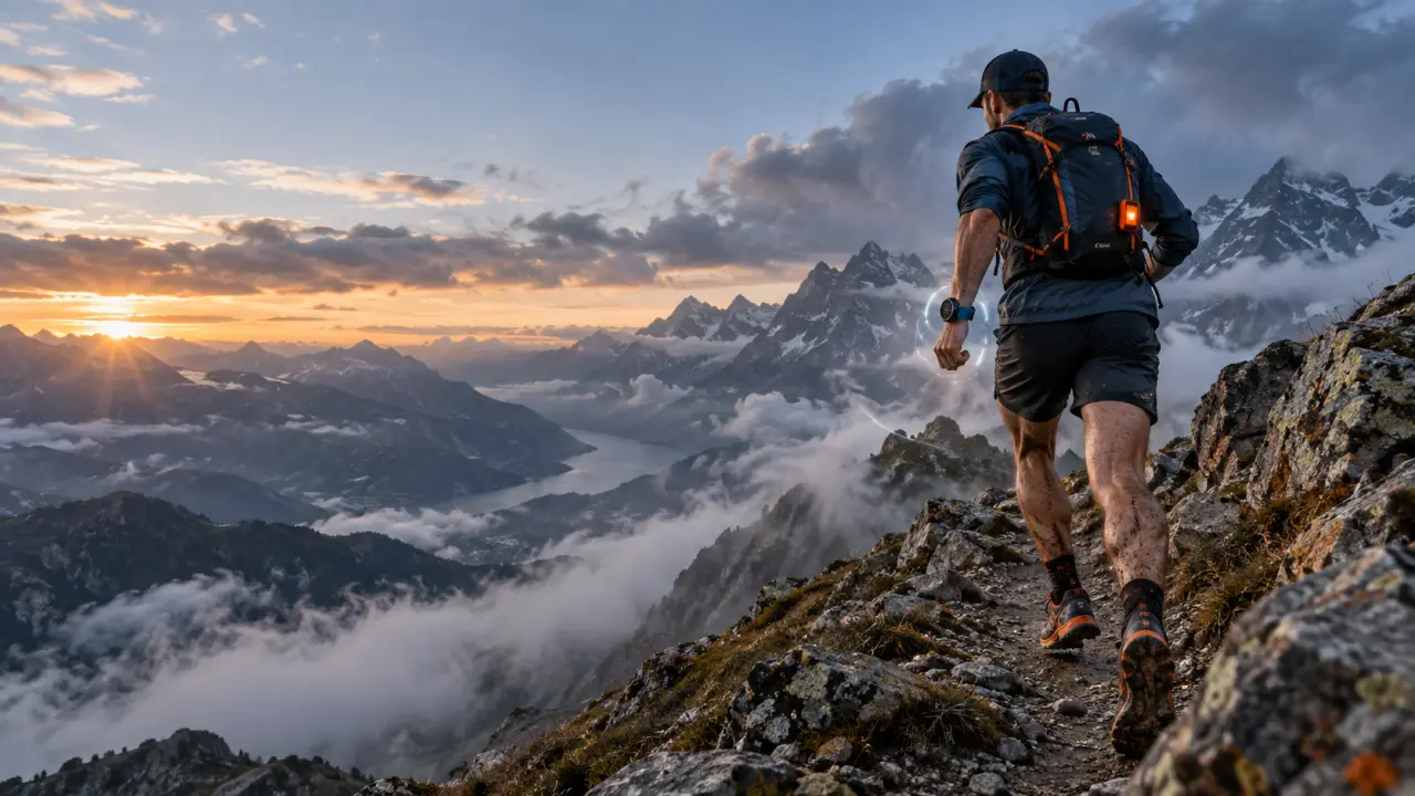 Coureur de trail sur une crête de montagne au lever du soleil