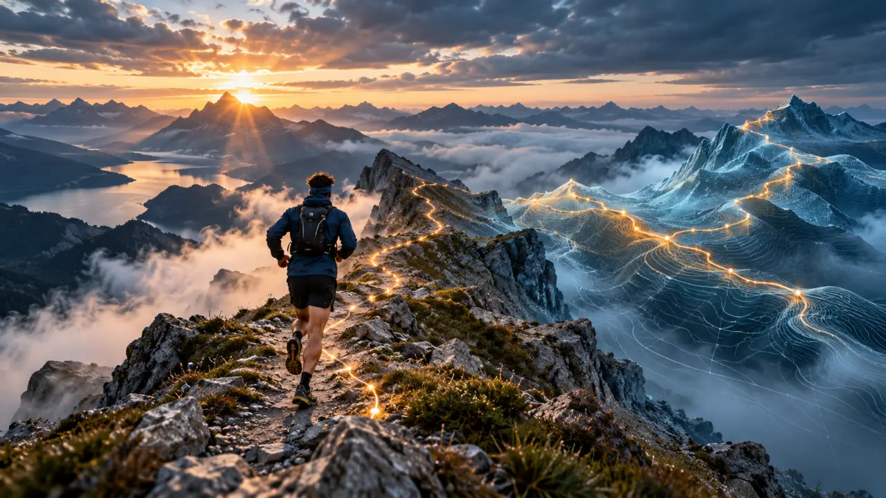 Coureur de trail suivi par une interface de données et un replay 3D en montagne