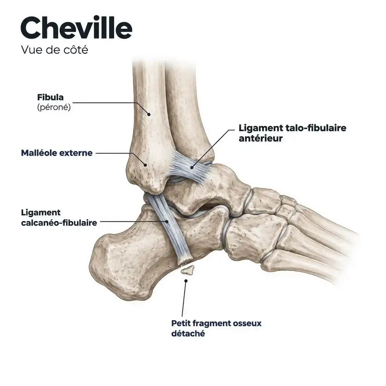 Schéma d'un petit arrachement osseux de la malléole externe avec le ligament latéral externe et le fragment détaché