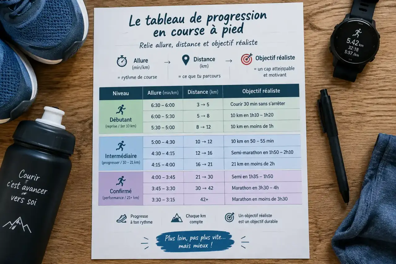 Le tableau de progression en course à pied relie allure, distance et objectif réaliste