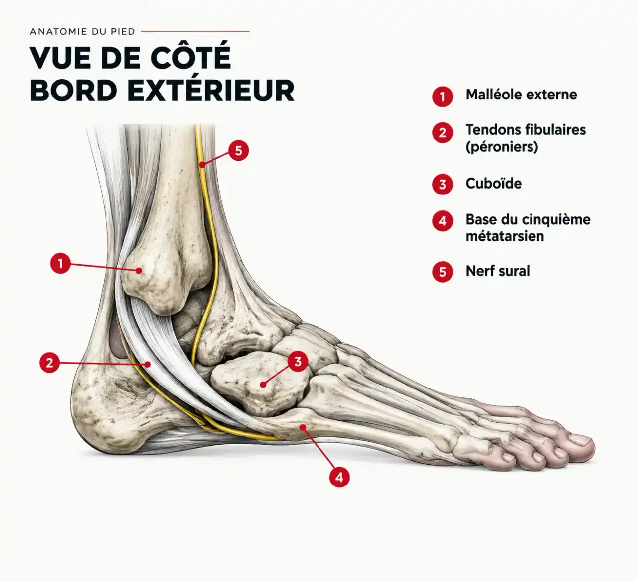 Schéma des zones de douleur extérieure du pied : malléole externe, tendons fibulaires, cuboïde, cinquième métatarsien et nerf sural