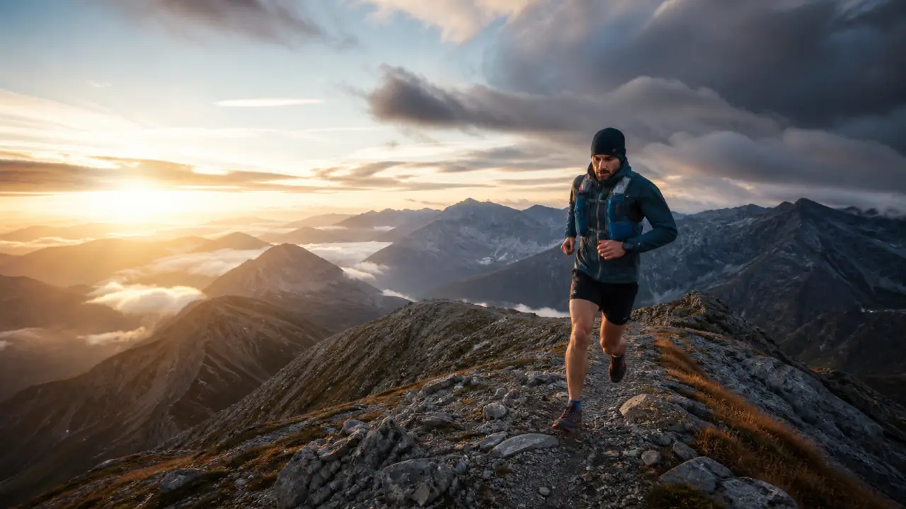 Coureur de trail en montagne au lever du soleil avec ambiance technique