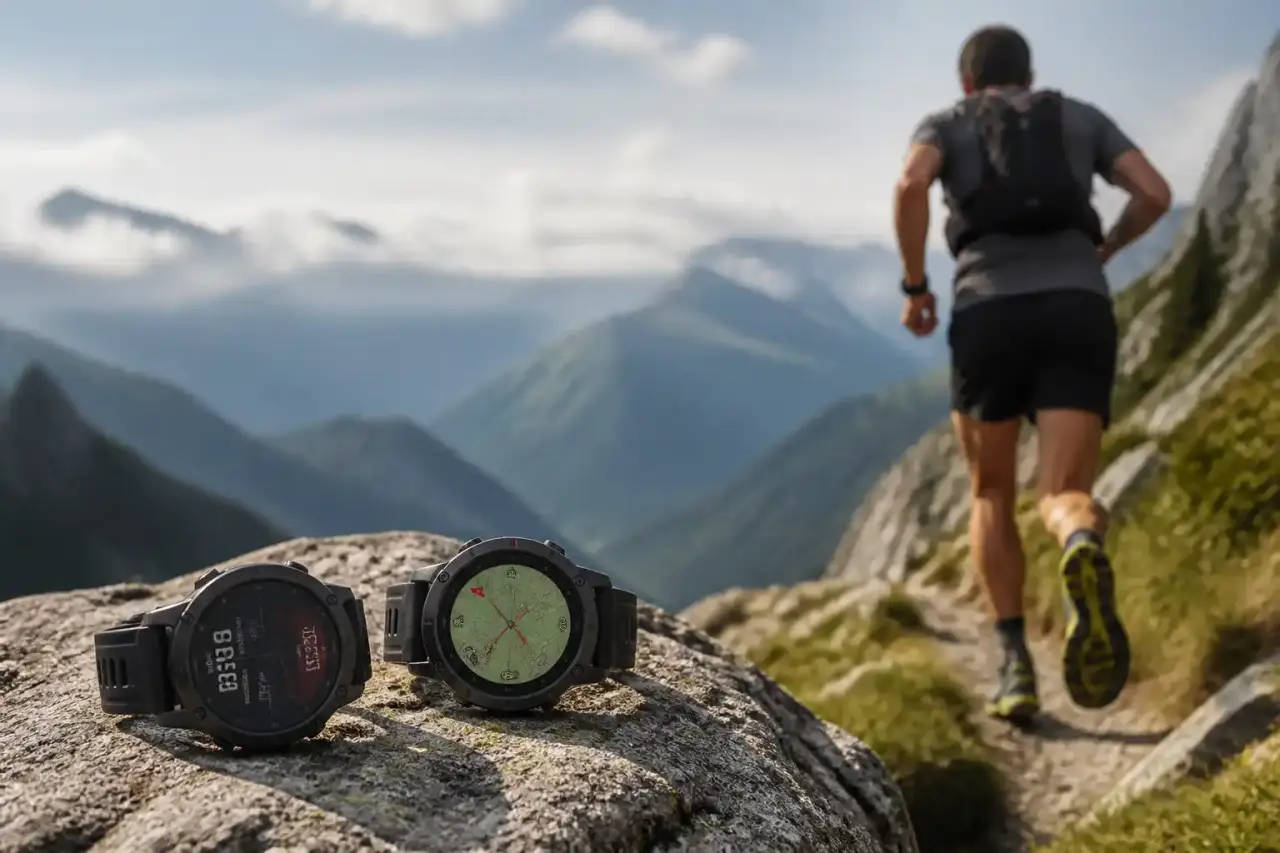 Coureur de trail sur une crête de montagne au lever du soleil avec interface de performance subtile