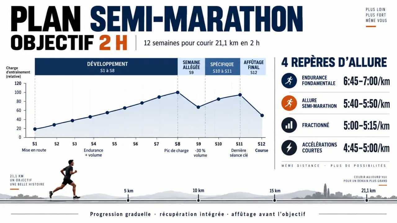 Plan d'entraînement semi-marathon 2 h avec progression sur 12 semaines et repères d'allure