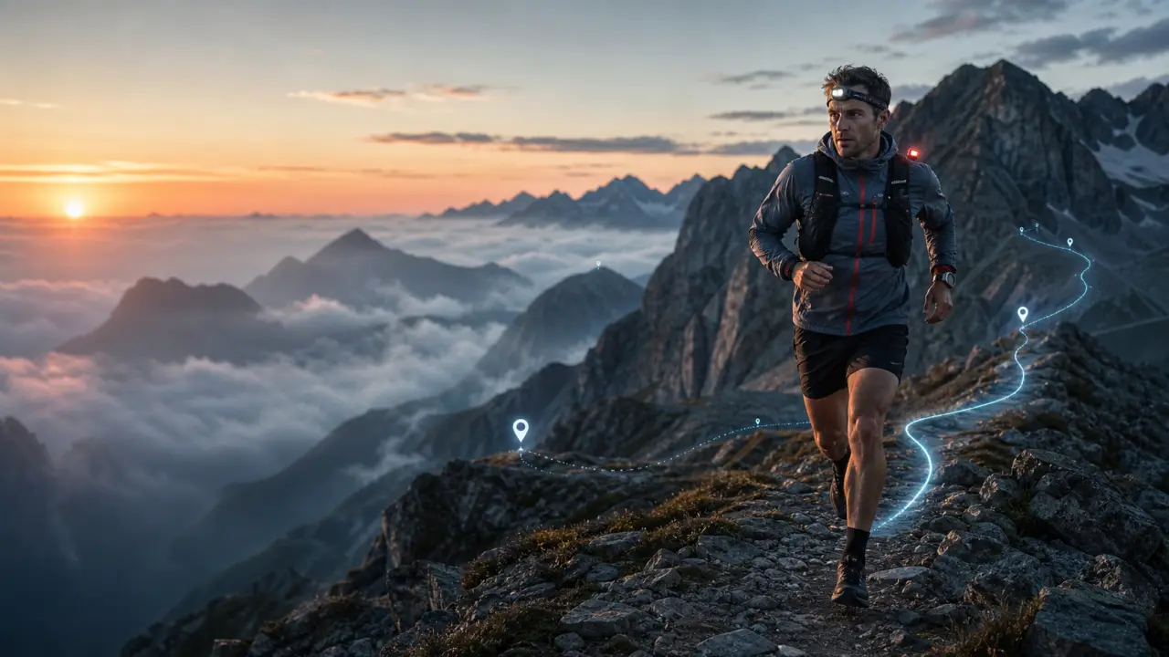 Coureur de trail sur une crête de montagne au lever du soleil avec interface de suivi holographique