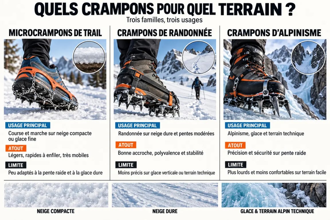 Infographie sur les crampons trail, de randonnée et d’alpinisme selon le terrain et l’usage