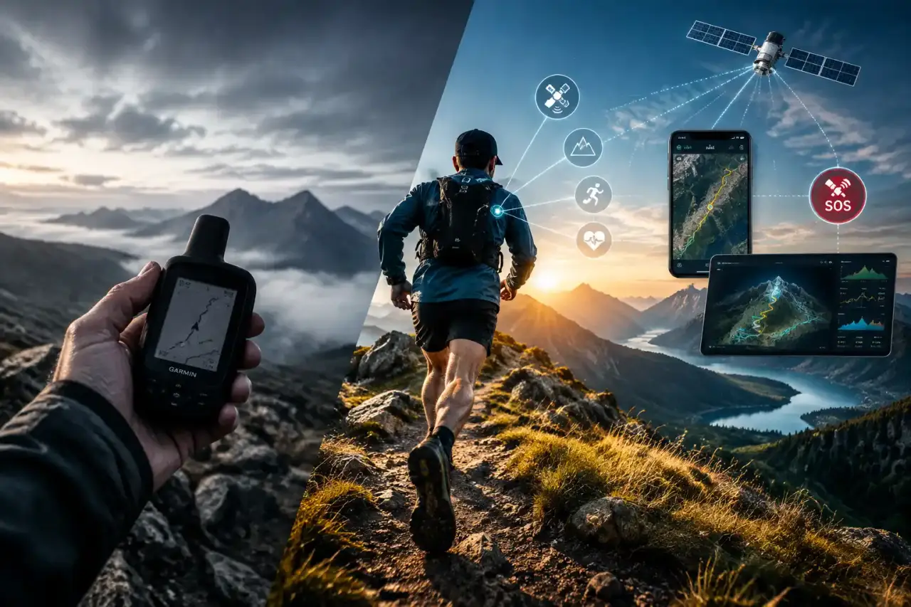 Coureur d’ultra-trail suivi par une technologie de géolocalisation en montagne
