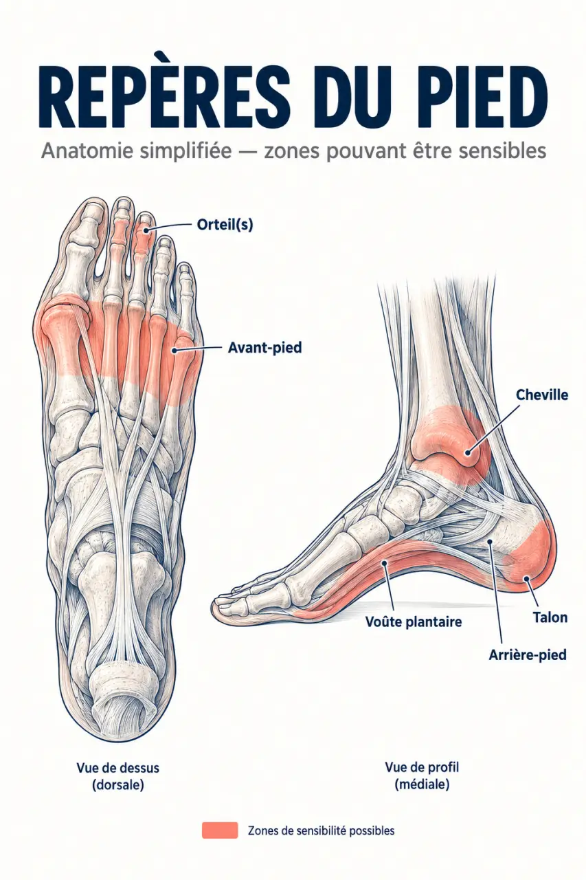 Schéma des zones du pied pouvant expliquer un mal aux pieds