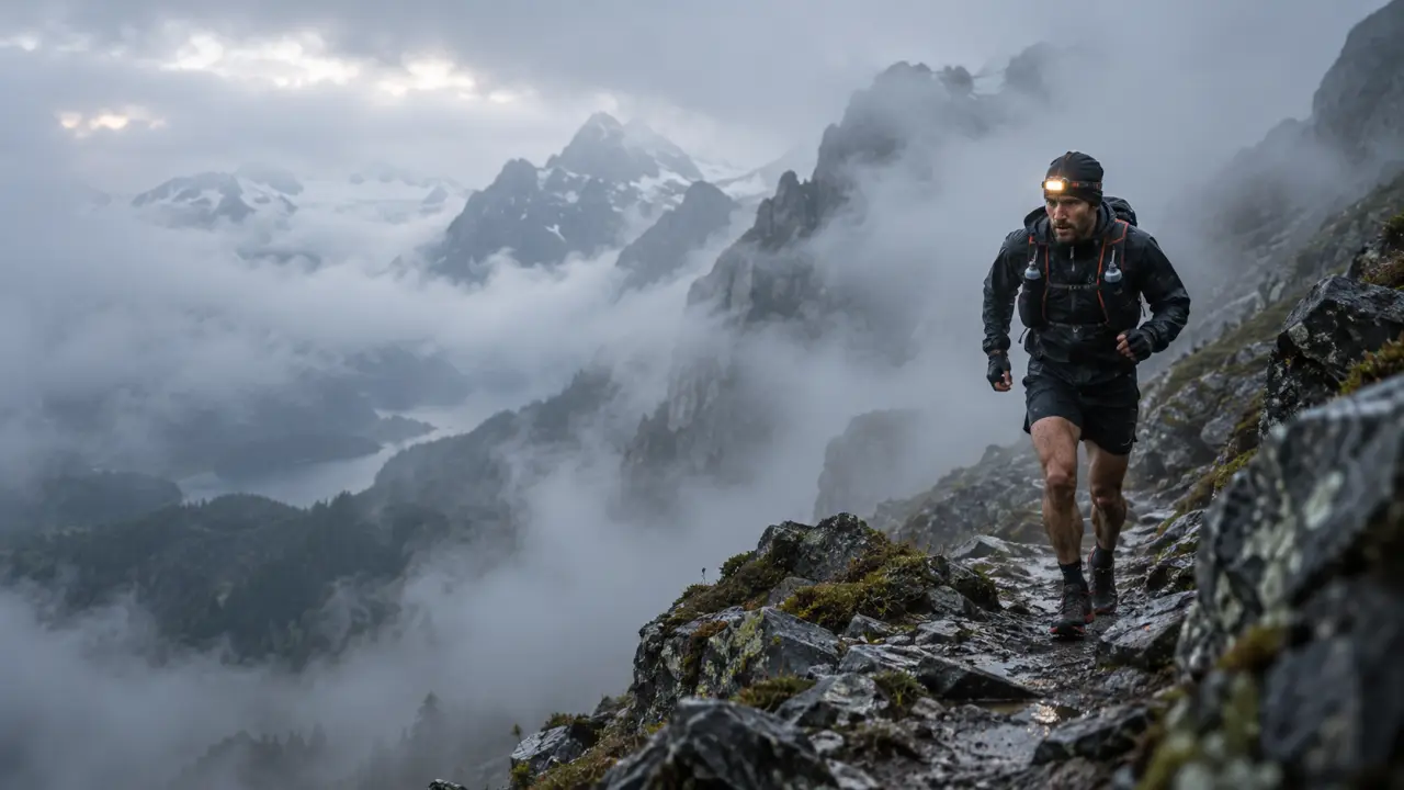 Coureur de trail progressant dans le brouillard sur un sentier de montagne