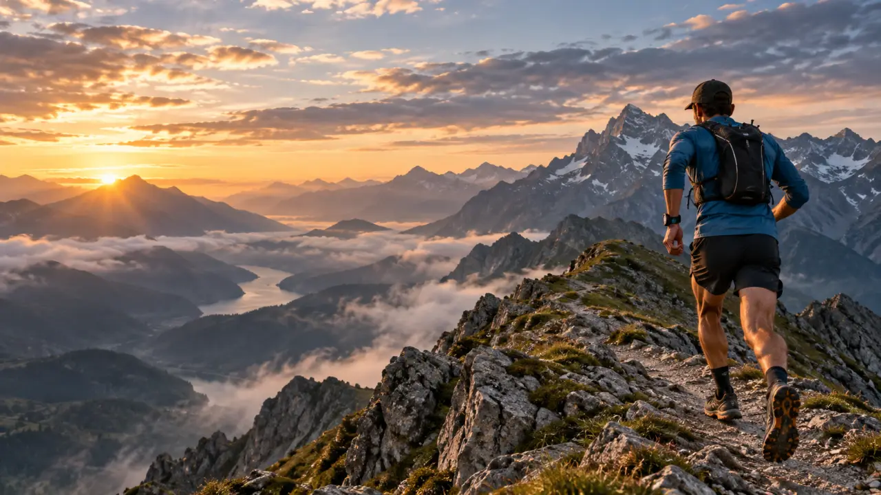 Coureur d'ultra-trail sur une crête montagneuse avec suivi GPS