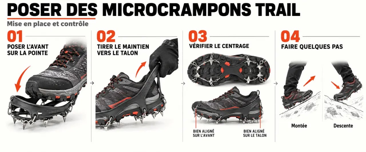 Étapes illustrées pour fixer et ajuster des crampons trail sur une chaussure