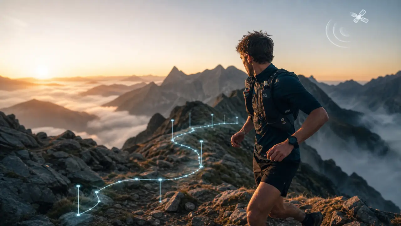 Coureur de trail sur une crête de montagne au lever du soleil avec interface de suivi
