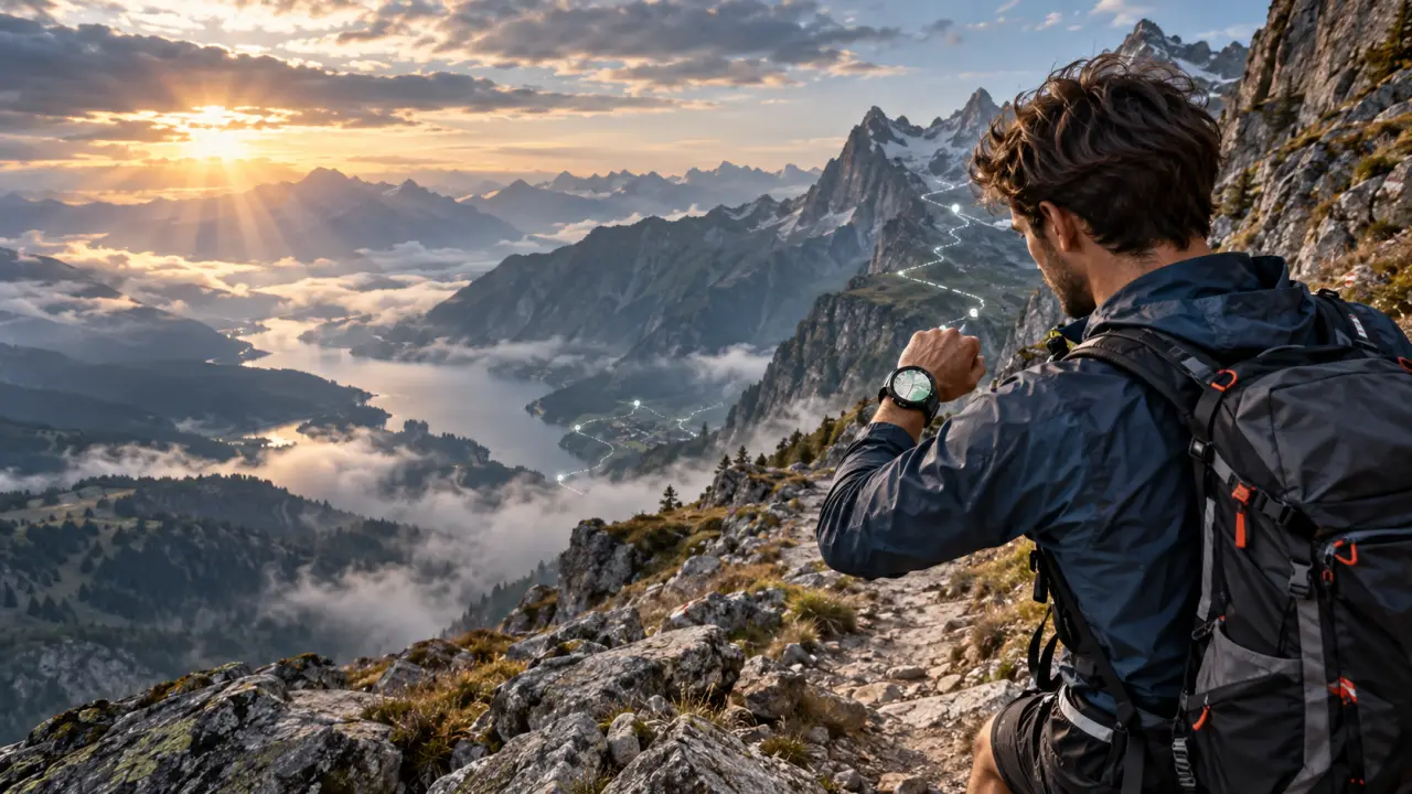 Coureur de trail sur une crête montagneuse avec un suivi GPS