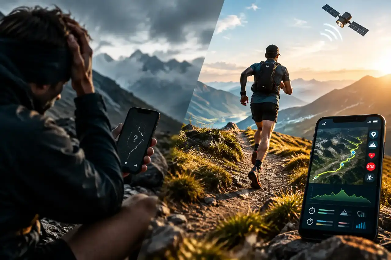 Coureur d'ultra-trail sur une crête de montagne au lever du soleil
