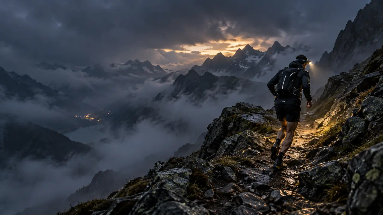 Coureur d'ultra-trail sur une crête montagneuse avec des données de suivi superposées