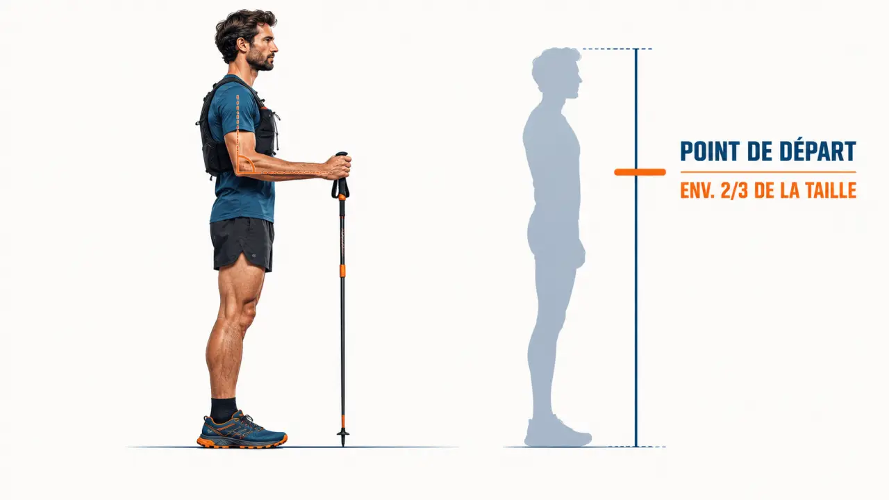 Illustration de la hauteur baton trail avec le coude à environ 90 degrés