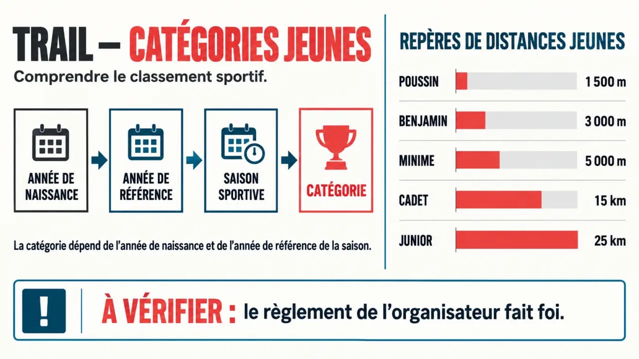 Infographie sur la catégorie trail, l’année de naissance, la saison sportive et les distances jeunes