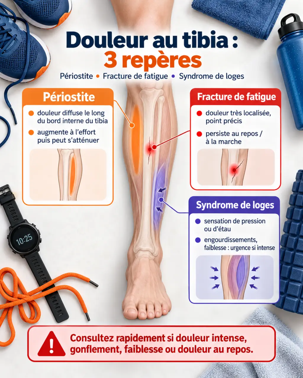 Douleur au tibia : 3 repères pour distinguer périostite, fracture de fatigue et syndrome de loges