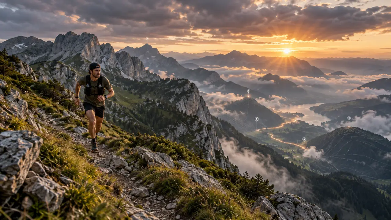 Coureur d’ultra-trail sur un sentier escarpé dans le massif des Bauges