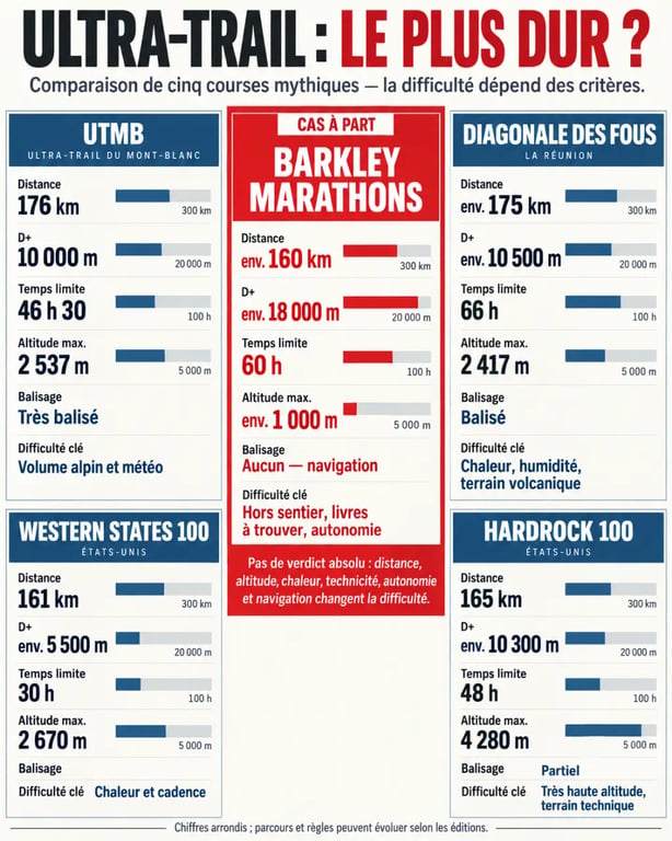 Infographie comparative sur l’ultra-trail le plus dur du monde : Barkley, UTMB, Diagonale des Fous, Western States et Hardrock 100